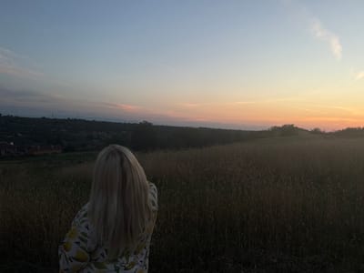 An outdoor, medium shot captures a woman from behind, facing away from the camera, as she looks out at a rural landscape during sunset. Her blonde hair is long and falls down her back. She is wearing a patterned shirt with a lemon design. The foreground is dominated by a field of tall, dry grass, obscuring the ground. In the middle ground, a low hill is visible, dotted with houses and trees. The background is a sky filled with the soft hues of sunset, transitioning from a pale blue at the top to orange and pink near the horizon. A thin trail of clouds stretches across the sky. The overall scene suggests a peaceful evening in a semi-urban or rural environment.