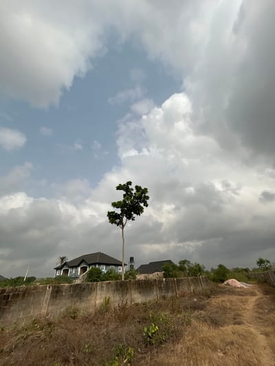 This image depicts a partially developed area in Ilishan, Nigeria, under a sky largely covered by thick, white and grey cumulus clouds, with some patches of blue visible. The foreground consists of dry, reddish-brown earth with sparse, short, and mostly dead vegetation. A dirt path is visible on the right side, leading towards a small mound of reddish-pink material, possibly sand or gravel. A weathered, grey concrete retaining wall runs horizontally across the mid-ground.
Immediately behind this wall, positioned slightly left of center, is a single, tall, slender tree with green foliage concentrated at its crown. To the left of the tree, an elevated, light grey/blue two-story residential building with a dark grey gabled roof is visible. This house features white trim, columns, and a porch area. To the right of the tree and behind the retaining wall, a second building with a dark roof is partially visible. A black cylindrical water tank is situated near the first house, and a thin utility pole is visible on the far left. No individuals or discernible actions are present in the scene.