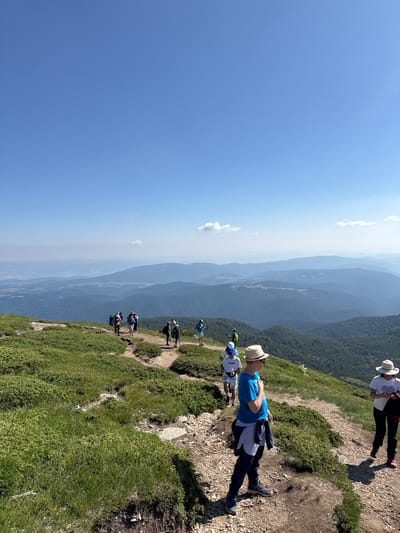 In Panichishte, Bulgaria, a group of hikers is traversing a mountainous landscape under a clear blue sky with sparse clouds. The foreground is dominated by a well-worn dirt path winding through green, low-lying vegetation. Several individuals are visible on the path. Closest to the viewer, a young person wearing a blue t-shirt, dark pants, and a hat is facing away, looking towards the distant mountains. Further up the path, another person in a white t-shirt and hat is seen with their back to the camera. A larger group of hikers is further along the trail, some with backpacks and trekking poles, appearing to be ascending or descending. The background reveals successive layers of rolling, forested mountain ranges fading into a hazy horizon. The overall scene captures a moment of outdoor recreation in a scenic, mountainous environment.