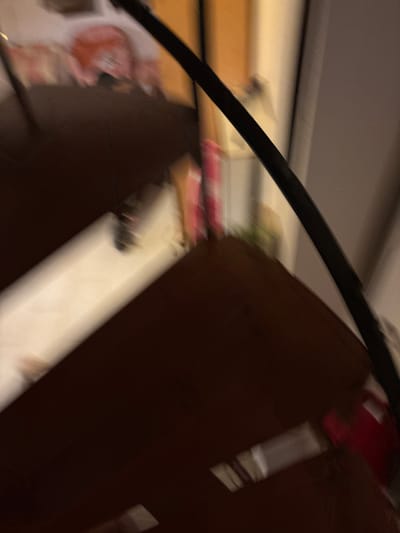 The image depicts an interior scene, likely a home or room, with objects and surfaces blurred due to motion. The primary subject appears to be a dark, curved object, possibly a piece of furniture or a structural element, dominating the right side of the frame. A thin, dark cable or rod runs diagonally across the upper portion of the image, obscuring parts of the background.
In the blurred background, there are hints of other objects and colors. On the left, a lighter-colored surface with some pink and reddish tones is visible, suggesting perhaps fabric or printed material. Further back, there are lighter-colored areas that could be walls or shelves, with some indistinct shapes that might be other items. The lighting suggests an indoor environment, possibly artificial light, creating a somewhat dim atmosphere. The motion blur indicates that the camera or the subjects within the frame were moving during the exposure.
There is no clear indication of specific activities or events taking place beyond the general sense of movement. The time of day, weather, or specific location cues beyond the general indoor setting are not discernible. No text is visible in the image. The image is abstract and impressionistic due to the motion blur.
