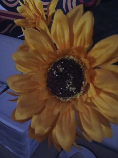 The image is a close-up, slightly blurry shot of a large, artificial sunflower. The sunflower is predominantly yellow, with a dark brown center that has small flecks of lighter color. Its petals are broad and slightly curved, arranged in multiple layers around the center.

To the left of the sunflower, a portion of a dark fabric with a pattern of concentric, curved lines in shades of orange and pink is visible. To the right, a pale blue, textured surface, possibly a cloth or a wall, is present.

The overall lighting suggests an indoor setting, possibly at night or in a dimly lit room, given the dark background and the way the light falls on the sunflower. There is no indication of a specific time of day or weather conditions. No people are visible, nor is any text apparent. The scene is static, focusing solely on the details of the artificial flower and its immediate surroundings. The location context of Monsummano Terme, Italy, does not provide any directly discernible cues within the image itself.