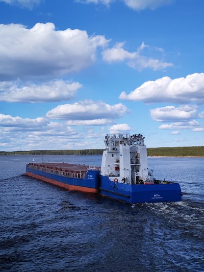 The image depicts a blue and red barge-like vessel traveling on water under a partly cloudy sky. The vessel has a cabin structure with white painted sections. The barge is carrying cargo, visible as a brown or dark material. The water is dark blue and choppy, with white wake visible behind the vessel. A strip of green trees lines the distant shore. The location is potentially Topornya, Russia, as the vessel is labeled as being from Saint Petersburg and is in a landscape consistent with inland waterways of Russia. No people are directly visible.