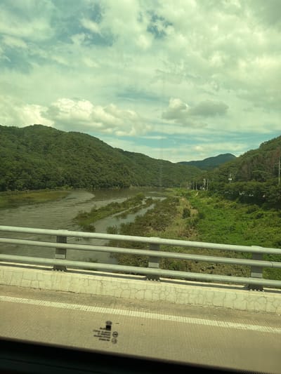 The image captures a view from a bridge overlooking a river valley. Lush green, densely forested mountains dominate the background, with a winding river flowing through the valley floor. Patches of vegetation and small islands are visible in the river. A road with white lane markings runs along the right bank of the river, with utility poles and trees lining the edge. The foreground shows the concrete structure of the bridge, including metal railings and a weathered concrete barrier. The sky is partly cloudy, with a mix of white and grey clouds against a pale blue sky. The overall scene is one of natural beauty and rural tranquility. The location is identified as Seo-myeon, South Korea.