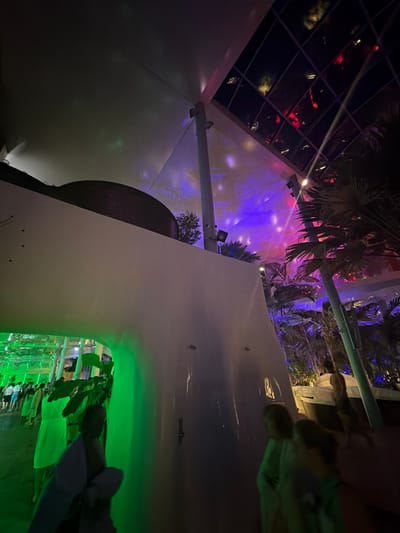 The image depicts an indoor leisure environment at night, identified as being in Săftica, Romania. The scene is characterized by modern architecture, tropical vegetation, and dynamic artificial lighting.

In the foreground and midground, a large, smooth, white, curvilinear architectural structure with small dark fasteners dominates the left and center, forming a prominent visual divider. Above this structure, a dark, rounded object is partially visible. To the left, a luminous archway, intensely illuminated with green light, reveals a dense group of people standing or moving within. A person in the immediate foreground, partially obscured by green foliage, is visible.

The right side of the image features multiple palm trees and tropical plants, bathed in various artificial light colors including purple, blue, and red. These lights cast patterns on the adjacent white architectural surfaces and the ceiling. A transparent, multi-paneled glass roof structure extends across the upper portion of the image, through which the dark night sky is visible, along with reflections or lights appearing as red and yellow points. Support beams extend upwards towards this ceiling. Below the foliage on the right, what appear to be boat-like structures are partially visible. Several individuals are present in the lower right, some blurred, wearing light-colored attire, moving within the illuminated space. The overall environment suggests a large indoor water park or resort with a tropical theme.