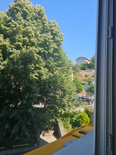 The image shows a view from a window looking out onto a street scene. A large, leafy tree dominates the left side of the frame, its branches reaching towards a clear blue sky. In the background, a house with a red-tiled roof is situated on a hillside, surrounded by vegetation. Several cars are parked on the street below the house. The foreground of the image includes the edge of a yellow structure, possibly part of a vehicle or building, and the white frame of the window through which the scene is viewed. The scene appears to be in a residential area, with a sunny day and clear visibility. The city of Slashten, Bulgaria, is mentioned as the location, suggesting a possible Balkan or Eastern European setting. There are no people visible in the image.