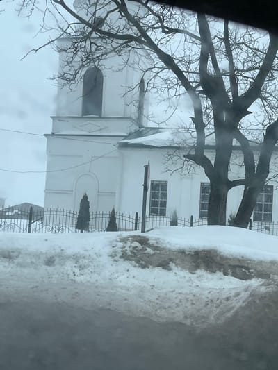 The image depicts a winter scene in Pokrovskoe, Russia, centered on a white church building partially obscured by a large, bare deciduous tree. The church features a prominent bell tower on the left with an arched opening at its summit and decorative molding below. Its main facade presents arched windows with visible grid patterns. Snow covers the church's ledges and roof sections. A black wrought-iron fence with decorative scrollwork delineates the church property, behind which several small, dark green conical shrubs are planted. A dark, vertical pole with an unidentifiable square sign is positioned in front of the fence, to the right. The foreground is dominated by a substantial mound of dirty, brown and grey snow, suggesting roadside accumulation. The sky is overcast and uniformly light grey. The overall scene is devoid of human figures or discernible activity. Minor visual obstructions, consistent with a vehicle's window, are present across the image.