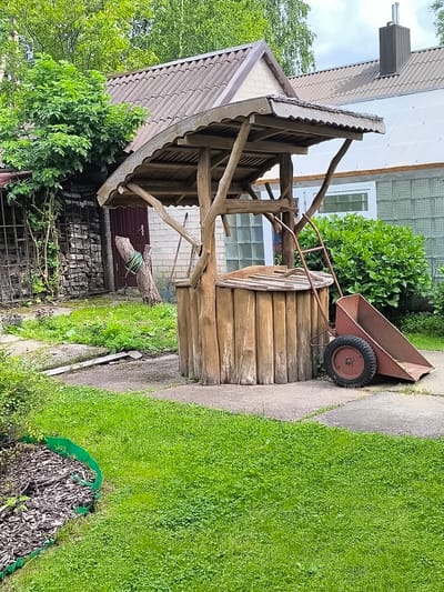The image depicts an outdoor scene in the village of Žiaukos, Lithuania. In the foreground, a well constructed of vertical wooden logs with a wooden roof stands on a paved area. Adjacent to the well is a single-wheeled wheelbarrow, colored red. Surrounding the paved area is a lawn with lush green grass. To the left of the well, a pile of firewood is visible behind a metal fence. Behind the well and wheelbarrow, a building with a tiled roof and a portion of a white wall is present. Green foliage from trees and bushes is visible throughout the scene. The sky is overcast. There are no people or animals in the image.