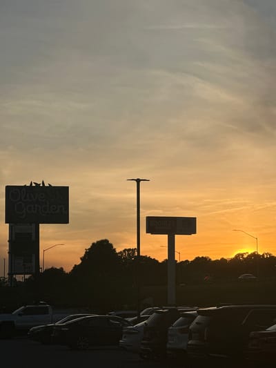 The image captures a sunset over a commercial area in Halfway, United States of America. The sky displays a gradient of colors, from pale blue and yellow at the top to a vibrant orange near the horizon, with wispy clouds scattered throughout. Silhouetted against the sky are two prominent signs: one for "Olive Garden" on the left and another for "Noodles & Company" on the right. A tall street lamp stands between the two signs, and another is visible further to the right. The foreground is dominated by the dark silhouettes of parked cars, suggesting a parking lot. Trees form a dark line along the horizon, with some foliage visible behind the signs and cars. The lighting indicates it is either early morning or late evening, with the sun partially obscured by trees on the right side of the frame. There are no people visible in the image.