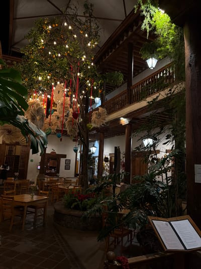 An ornate interior of a building shows two stories with exposed wood beams and plants. Straw decorations hang among bare branches and red ribbons decorated with lights. A large menu is displayed near plants in pots. Tables and chairs are arranged on a tile floor. Lights hang from the ceiling.