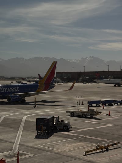 The image displays an active airport tarmac scene at Salt Lake City International Airport in Salt Lake City, Utah, United States of America, during daylight hours under a hazy, partially cloudy sky with visible contrails.

In the foreground and mid-ground, a blue and red Southwest Airlines Boeing 737 aircraft, tail number N7833A, is prominently parked on the asphalt tarmac, oriented towards the right. The aircraft's tail, right wing, fuselage, and an engine displaying "Southwest.com" are visible. White line markings delineate pathways and parking areas on the tarmac.

Various ground support equipment is present:
- A white tug vehicle, branded "DELTΔ", is positioned in the lower center, attached to a dark blue baggage cart labeled "GATE CART 332" and "136297".
- Further to the right, a line of four blue baggage carts is parked behind orange traffic cones.
- A white flatbed trailer (S20152) is parked near the center-right.
- A yellow aircraft tow bar lies on the tarmac in the bottom right corner.
- Red and green marker flags are visible on thin poles in the mid-ground.
- Multiple orange traffic cones are scattered across the tarmac.

In the middle distance, a white Delta Airlines aircraft with a red tail is visible behind the Southwest plane. Another Delta aircraft is partially visible further right. A dark-colored airport terminal building, equipped with numerous light poles, forms the immediate background to the airport operations. Beyond the terminal, a range of snow-capped mountains is silhouetted against the bright, hazy sky. No discernible individuals are present in the frame. The strong sunlight casts shadows from the ground equipment, suggesting either morning or late afternoon.
