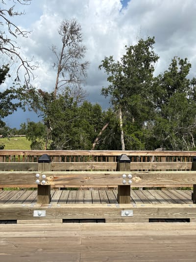 A wooden boardwalk with a railing overlooks a grassy field and trees under a cloudy sky. The boardwalk is constructed of light-colored wood, with several horizontal planks forming the deck and a railing made of similar wood. The railing consists of vertical posts and horizontal beams. There are metal bolts visible attaching the wooden components. The sky is filled with dark, dramatic clouds, with patches of lighter sky visible. The trees in the background are a mix of green foliage and bare branches, some adorned with Spanish moss. The grassy field in the distance appears to be slightly sloped. In the far distance, structures are barely visible. The scene is outdoors in a natural setting. The location is Parrish, United States.
