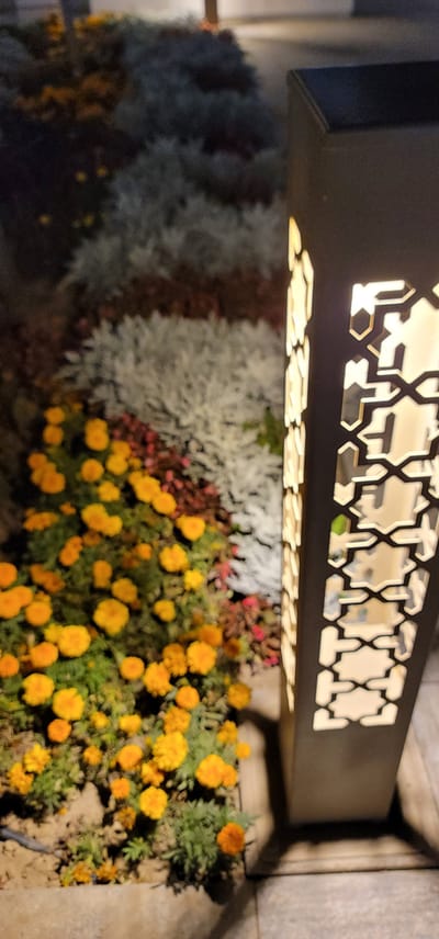 The image shows a close-up view of a decorative garden lamp with intricate geometric cutouts, illuminated from within, standing next to a flower bed filled with bright orange marigolds. The background features a variety of plants, including what appears to be greyish-green foliage and darker, possibly red or brown, decorative plants. The lighting suggests it is dusk or nighttime, with artificial light from the lamp illuminating the immediate surroundings and casting shadows on the ground. The scene is set in a garden or park area, with the paving stones of a walkway visible in the foreground and to the right of the lamp. The specific location in the city of Satkak, Uzbekistan, is not visually discernible from the image itself. There are no people or animals present in the frame.