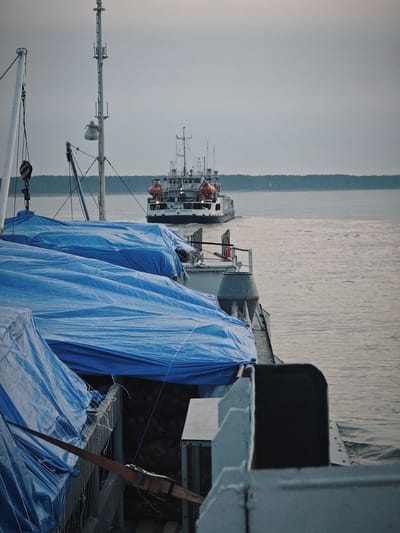 The image captures a scene on the water, likely a river or a bay, under an overcast sky, suggesting either dawn or dusk. The main subjects are two vessels. In the foreground, part of a smaller boat is visible, its deck covered with large blue tarpaulins, obscuring whatever cargo or equipment lies beneath. The tarpaulins are secured with ropes and lines, indicating preparation for transit or storage.

Further in the distance, a larger ship is sailing away from the viewer. This ship is white and has multiple decks and a prominent mast structure. Visible on its side are two bright orange lifebuoys, and further back, text is visible on the hull, reading "ВАСИЛИЙ СУРИКОВ". The larger ship appears to be moving at a moderate speed, leaving a wake in the calm water.

The overall atmosphere is serene and somewhat muted due to the diffused light of the cloudy sky. The calm water and the distant tree-lined horizon suggest a tranquil environment. The presence of the two ships implies a transportation or shipping activity. The tarp-covered cargo on the foreground vessel hints at goods being transported or protected. The scene seems to be set in a location that has a navigable waterway, with Russia being the geographical context. There are no people clearly visible in the image.