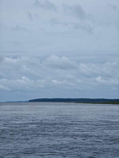 The image depicts a wide, calm river under a heavily overcast sky. A dense, dark green forest forms a treeline along the distant bank of the river, with the land beyond appearing flat. The water is a deep, muted blue-gray, with subtle ripples creating a textured surface. The sky is filled with thick, gray clouds that obscure any hint of sunlight. The overall atmosphere is somber and serene. This scene is located in Zotino, Russia, along the Yenisei River.