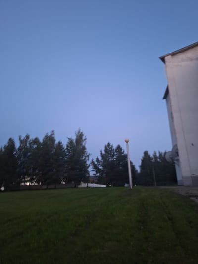 An outdoor, low-light, slightly blurred scene is captured from a ground-level perspective in the city of Atamanovka, Russia. The sky is a deep, clear blue, suggesting either early morning or late evening. To the right of the frame, the side of a white, multi-story building is visible, featuring a grey roofline and what appears to be satellite dishes mounted on its exterior. In the mid-ground, a line of dark green coniferous and deciduous trees forms a dense backdrop, with a few lighter colored trees interspersed. A tall, slender lamppost with a spherical light fixture stands in front of the trees, slightly to the left of the center. The foreground is dominated by a vast expanse of green grass, which appears slightly damp and shows faint tire tracks or depressions, indicating it may be a park or a field. The overall impression is of a quiet, somewhat desolate, urban fringe landscape.