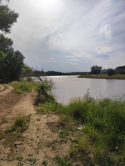 A dirt path curves to the left, bordered by tall green grass and vegetation on the right. Beyond the vegetation is a wide body of water, its surface shimmering with sunlight. On the far side of the water, a tree-lined shore is visible under a partly cloudy sky. A few small tents are set up on a grassy knoll on the far shore, suggesting a recreational area. The scene depicts a natural landscape, likely a park or recreational spot within Прибрежный ауылдық округі, Kazakhstan, on a bright, possibly warm day.