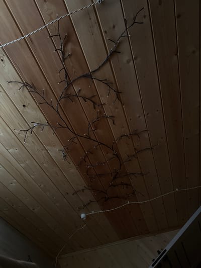 The image depicts a wooden ceiling, likely in a room. Thin, dark branches adorned with small, white LED lights are affixed to the ceiling, creating a decorative effect reminiscent of a tree or vine. A white, twisted wire runs horizontally across a portion of the ceiling, seemingly used to suspend or attach the branches. In the lower right portion of the image, a white, angled surface, possibly a piece of furniture or a wall, is partially visible. The lighting is dim, with shadows cast across the wooden planks. The scene is devoid of any people. The location in the city of Arkhyz, Russia, is not determinable from the visual information present in the image.