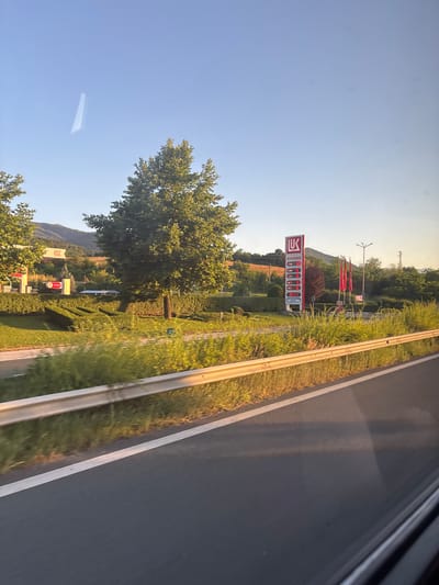 The image depicts a roadside scene in Razliv, Bulgaria, with a gas station as the central object. The gas station features a prominent red and white sign displaying fuel prices. The prices visible are 1.69, 1.59, 1.56, 1.51, 1.50, and 1.47, with the currency likely being Bulgarian Leva. The gas station also has several red flags fluttering in the breeze.
The scene is set against a backdrop of lush greenery, including trees and manicured hedges, with hills or mountains visible in the distance. A road with white lane markings runs alongside the gas station, suggesting it is located on or near a highway. The sky is clear and blue, indicating fair weather. The lighting suggests it is late afternoon or early evening, with the sun casting long shadows.
There are no people visible in the image. The overall impression is one of a typical rural or suburban gas station, with a focus on the fuel pricing information and the surrounding natural landscape. The image is oriented vertically, and the road appears to be moving from right to left.