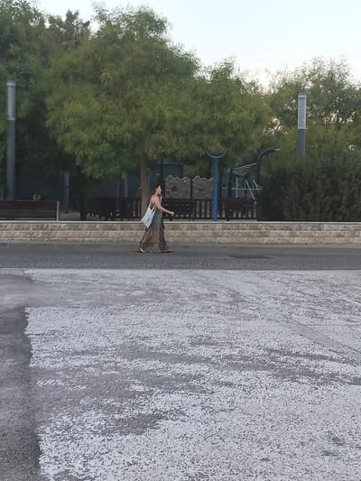 A woman wearing a long, patterned dress and carrying a canvas bag walks along a paved path in Tortosa, Spain. She is seen in profile, facing to the right of the frame. Behind her, a row of trees with green foliage forms a backdrop, interspersed with modern-style lamp posts and what appears to be a playground structure. A low, light-colored brick wall separates the path from an area with benches and more vegetation. The foreground of the image is a textured, greyish-white paved surface. The sky is overcast and pale.
