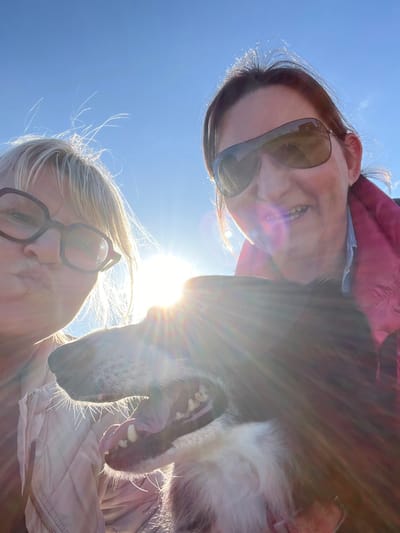 An outdoor, low-angle selfie captured in the city of Chambles, France, features two adult females and one dog against a clear blue sky. The scene is heavily backlit by the sun, producing significant lens flare and a bright halo effect behind the subjects.
The female on the left has blonde hair, wears dark-framed glasses, and a light-colored quilted jacket, posing with pursed lips. The female on the right has dark hair, wears dark aviator-style sunglasses, and a pink jacket over a blue collared shirt, smiling towards the camera.
A black and white dog, appearing to be a medium-to-large breed, is positioned centrally below the women. Its mouth is open, revealing teeth and a portion of its tongue, indicative of panting or an expressive stance. The dog's head is tilted slightly upwards. The subjects collectively occupy the majority of the frame.