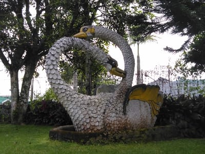 This image depicts a weathered concrete sculpture of two swans with intertwined necks, forming an upright heart shape, situated in Gadog, Indonesia. The swans are textured to resemble feathers, primarily in shades of off-white and grey, with yellow beaks and black accents. The right swan also features yellow and black detailed wings. The sculpture's base shows dark discoloration and appears to be integrated into a low, dark-colored structure.
The immediate foreground consists of well-maintained green grass. The background is populated by multiple trees with dense green foliage; prominent tree trunks with visible bark and moss are on the left, and dark green, needle-like branches extend from the top right. A tall, slender palm tree stands directly behind the sculpture. Beyond the sculpture and trees, a light, possibly overcast, sky is visible. Portions of a wire fence and dark shrubbery are present in the mid-distance. A faint white building is visible in the far background on the right, and a green structure on the far left. No individuals or specific actions are depicted. The environment suggests an outdoor garden or park setting.