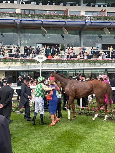 The image captures a scene at Ascot Racecourse in Ascot, United Kingdom. A group of people are gathered on the grass in front of a building with multiple levels. In the foreground, a brown racehorse stands with its tail to the right. A jockey, wearing a green and white checkered racing silks and white breeches, is embracing a woman in a blue dress. The jockey is also wearing black riding boots. Beside the jockey, a man in a black suit and top hat is smiling and looking towards the camera. Behind them, a woman in a bright orange dress and orange heels is being embraced by another person.

In the background, spectators are visible in tiered seating areas of the racecourse grandstand. Many are dressed in formal attire, including hats. Pink flowers are planted in rows along the balconies of the grandstand. A sign with the word "FIRST" is prominently displayed on a white post in the middle ground. The overall environment appears to be a sunny day, with lush green grass covering the ground.
