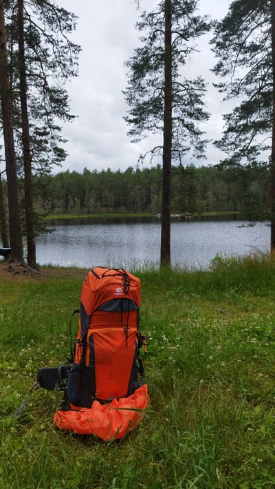 An orange and gray hiking backpack is positioned upright on a grassy, clover-filled embankment. The backpack is large, with multiple compartments and straps visible. To the left of the backpack, a portion of a dark-colored hiking boot is visible. Beyond the embankment, a calm, dark lake stretches out, reflecting the overcast sky and the dense green forest that lines its opposite shore. Tall pine trees with dark green needles and rough bark stand on the left and right edges of the frame, framing the lake and forest. The overall atmosphere is serene and natural, suggesting a remote outdoor location. The image is taken from a low angle, with the camera focused on the backpack.