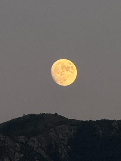 A full, luminous moon hangs in the dusky sky above the mountainous landscape of Trap, Montenegro. The moon, a bright yellow orb with visible craters, dominates the upper half of the frame. Below it, a dark, rugged mountain range stretches horizontally across the lower portion of the image. The peaks of the mountains are silhouetted against the sky, with some sparse vegetation visible on their crests. The overall scene is serene and captures a moment of natural beauty in the Montenegrin landscape.