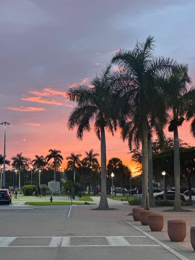 An outdoor scene in Miromar Lakes, United States, depicts an area at dusk, characterized by a vibrant sunset sky featuring shades of orange, pink, and purple with scattered clouds. Numerous tall palm trees are prominent throughout the image, some partially silhouetted against the colorful sky. In the foreground, an asphalt roadway with white crosswalk markings is visible, alongside a paved pedestrian area bordered by several terracotta-colored planters. A dark-colored SUV is parked on the left side of the road. In the midground, a green grassy area contains a blue fire hydrant and a white utility shed. Several individuals are present in this area, some standing, near what appears to be a paved court illuminated by tall artificial lights. Additional parked vehicles are visible in the background, and an electric scooter rests on a pathway. Streetlights are illuminated or glowing faintly against the ambient light.