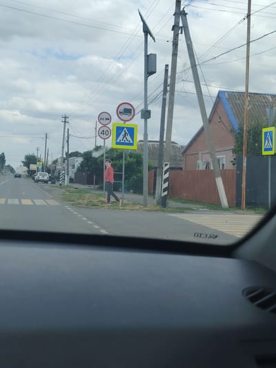 The image captures a street scene in the city of Tselina, Russia, with a focus on a pedestrian crossing. A cutout figure of a young boy in a red shirt and dark pants stands on the sidewalk near a traffic light pole. He is positioned as if walking, with his left leg forward. Behind him, a brown wooden fence encloses a property with a brick house and a blue roof. Several traffic signs are visible: a "No Trucks" sign, a sign indicating two cars, a "40" speed limit sign, and two "Pedestrian Crossing" signs. The pedestrian crossing itself is marked with yellow and white stripes on the asphalt road. Power lines crisscross the sky, supported by concrete and wooden poles. In the background, cars are seen on the road, and buildings line the street. The sky is partly cloudy. The viewpoint appears to be from inside a vehicle, looking through the windshield.