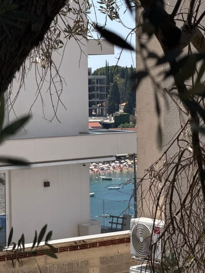 The image, taken in Trap, Montenegro, depicts a view of a beach scene through the branches of trees. In the foreground, the rough texture of concrete and brickwork is visible, along with an outdoor air conditioning unit. Overlooking the scene is a bright white building with a horizontal band. Beyond the building, a crowded beach with numerous umbrellas and people can be seen along the coast. The turquoise water is dotted with several small boats. In the background, dense green trees and an unfinished building with a skeletal structure are present, silhouetted against a clear blue sky.