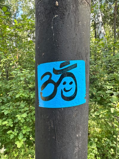 A black, textured utility pole stands in a forest environment, possibly on the outskirts of Krasnoyarka, Russia, given the presence of deciduous trees and foliage. A bright blue sticker with a black Om symbol and a smiley face is affixed to the front of the pole. The Om symbol, a sacred sound and spiritual icon in Dharmic religions, is rendered in a stylized, bold black line. Below it, a simple smiley face with two oval eyes and a curved smile is depicted. The sticker appears slightly weathered, with some peeling at the edges. The background is filled with lush green leaves and branches, indicating a natural setting with abundant vegetation. The lighting suggests it is daytime, with sunlight filtering through the trees, creating dappled shadows.
