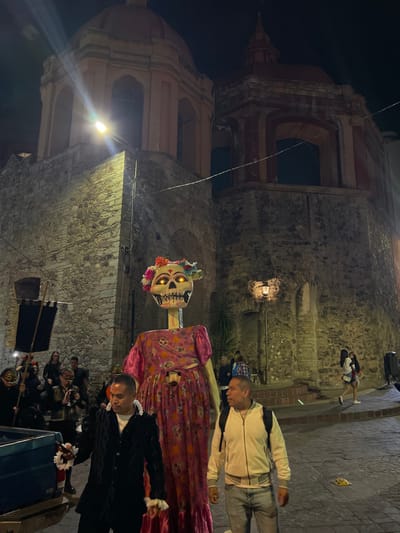 This nighttime image depicts a street scene in Guanajuato City, Mexico, likely during a Day of the Dead celebration. The primary subject is a tall Catrina figure, a traditional Mexican skeletal representation, positioned centrally in a procession.

The Catrina figure features a skull face with illuminated eye sockets glowing orange, and a floral headpiece with red, white, and pink elements. It wears a long, pink, patterned dress with visible seams and a smaller face-like ornament on the torso. The figure stands significantly taller than the surrounding individuals.

In the immediate foreground, two men walk past the Catrina. On the left, a man in a black velvet jacket with white ruffled cuffs holds an indeterminate object in his right hand. On the right, a man in a light-colored zip-up jacket, blue jeans, and a dark backpack walks towards the left, looking toward the Catrina.

Behind the Catrina figure, a group of people is visible on the left, some partially obscured. One person carries a black banner on a pole. Further back on the right, a woman carries a child, walking away from the camera. Other indistinct figures are present throughout the background.

The environment consists of tall, stone-faced buildings that define a narrow street. The building on the left features a light-colored octagonal dome with arched windows. Adjacent to it, another building section features a reddish dome with a small spire. A bright streetlamp emits a strong light bloom near the left dome. A more traditional, antique-style street lantern is affixed to the stone wall further down the street on the right. Thin power lines cross the upper portion of the frame. A portion of a light blue pickup truck bed is visible on the far left. The street appears paved and slightly uneven.