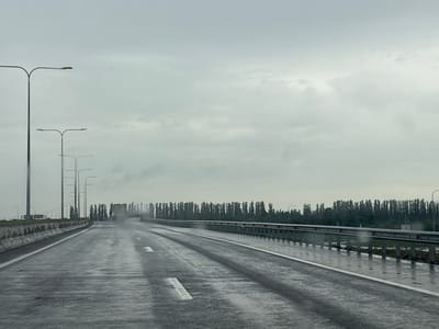 The image captures a wet highway in or near the city of Lanchkhuti, Georgia, under an overcast sky. The asphalt road is glistening with rainwater, and visible white lane markings indicate the path. Several tall, modern streetlights line the left side of the highway. On the right, a metallic guardrail runs parallel to the road. Beyond the guardrail, a dense line of tall, slender trees forms a dark green backdrop. In the distance, a large truck is visible, kicking up spray from the wet road. The overall atmosphere is gloomy and slightly hazy, suggesting rainy conditions.