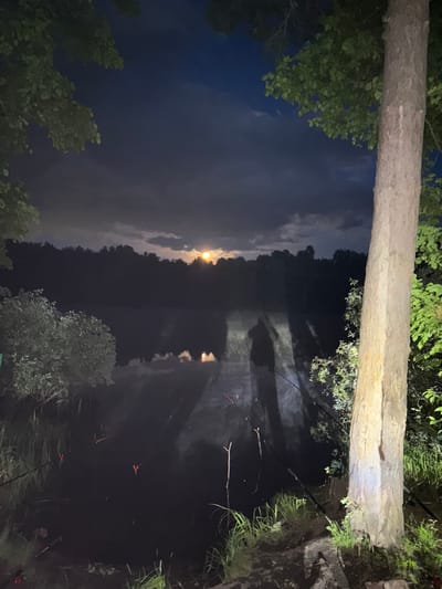 The photograph shows a nighttime scene on a body of water, possibly a lake or river, in what is reported to be Krasnyi Jar, Russia. A thick tree trunk stretches across the top of the frame, with branches and foliage on either side. The body of water is dark, reflecting the moon and clouds above. Several fishing poles are visible, extending into the water, and their floats are glowing with light in the water. The surrounding banks have vegetation. The sky is partially cloudy with the moon visible in a gap.