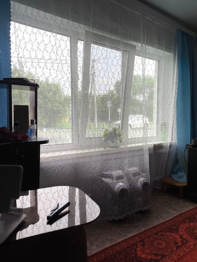 The image depicts an interior view of a room in Saraktash, Russia, likely a living space or bedroom, looking out through a window. The window is covered with a sheer white curtain featuring a floral pattern, and behind it, a blue curtain is visible on the right. Outside the window, trees and a cloudy sky are discernible.
In the foreground, to the left, a dark, possibly wooden, cabinet or dresser is partially visible, with a mirror reflecting the window. On top of the cabinet, there are two glass bottles, one appearing to contain a blue liquid, and a red piece of fabric. A dark, reflective table with a curved edge occupies the lower portion of the image, with a stapler resting on its surface. The reflection on the table shows the patterned curtain and the window.
The floor is covered with a patterned carpet in shades of red and dark brown, with linoleum visible in the area beneath the window. The windowsill is covered by a patterned fabric, and two white objects, possibly shoe covers or decorative items, are placed on it. A radiator is visible beneath the windowsill, also covered by the patterned fabric.
The lighting suggests an overcast day. No people are present in the image. The environment appears to be a residential setting in a Russian city.