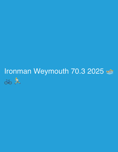 The image displays a digital graphic on a solid blue background. Centrally, the white text "Ironman Weymouth 70.3 2025" is presented. To the left of this text, a black outline bicycle emoji (🚲) is positioned next to a running person emoji (🏃) depicted with a yellow top and beige shorts. To the right of the text, a swimming shoe emoji (🌊👟) is visible, showing a white and blue shoe partially submerged in blue water. The graphic functions as an announcement for the Ironman 70.3 triathlon event, signifying its occurrence in Weymouth, United Kingdom, during the year 2025, with the emojis representing the swimming, cycling, and running components of the race.