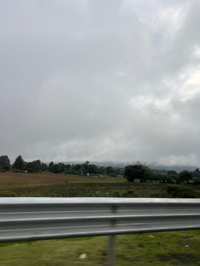 The image shows a cloudy sky over a rural landscape. In the foreground, a silver guardrail is visible, with a grassy area below it. Behind the guardrail, there are fields of brown soil and some greenery, with a line of trees in the distance. The sky is overcast with thick clouds. There are a few scattered pink dots in the sky, the origin of which is unclear. The image appears to be taken from a vehicle traveling along a road. The location is identified as San José Cuyachapa, Mexico.