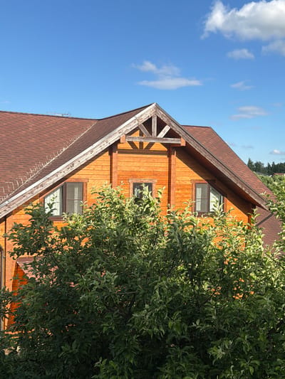 This is a medium-angle, eye-level shot of a wooden house with a brown shingled roof, situated in Satino-Russkoe, Russia. The house has several windows visible, some with dark frames and screens. The walls are made of horizontal wooden planks, stained a warm orange hue. In the foreground, a lush green tree with dense foliage partially obscures the lower part of the house. The background shows a clear blue sky with scattered white clouds, and a hint of distant trees on a gentle slope. The overall scene depicts a serene, rural-like setting.
