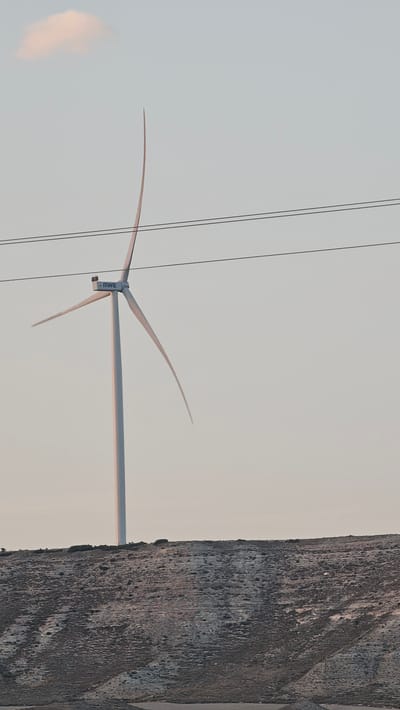 A wind turbine stands tall against a pale sky, its three blades outstretched. The turbine is positioned to the left of a rough, textured wooden pole that dominates the right side of the frame. Several thin, dark power lines stretch horizontally across the sky, passing in front of the turbine. The sky is a soft, almost featureless expanse, with a faint, pale pinkish cloud visible on the far left. The light suggests either early morning or late evening, casting a gentle glow. The texture of the wooden pole is detailed, showing a weathered and worn surface with dark and light patches, and what appear to be small stones or debris embedded within it. The wind turbine is light-colored, possibly white or light gray, and has the word "RWE" visible in dark lettering on its nacelle. The overall scene evokes a sense of quiet, open landscape, possibly a rural or industrial area where renewable energy is harnessed. The image is oriented vertically, with the top of the turbine and the power lines appearing at the bottom of the frame.