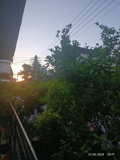 The image captures a view from a balcony overlooking a residential area at sunset, with the timestamp "21.06.2026 20:17" indicating it was taken in Chaidari, Greece. A balcony railing runs diagonally across the foreground, partially obscuring potted plants and a glimpse of an outdoor living space. Beyond the balcony, lush green trees dominate the mid-ground, with the setting sun casting a warm glow through their leaves and illuminating parts of the surrounding buildings. Utility poles with multiple wires stretch across the upper portion of the frame against a clear, pale sky. The architecture appears to be of a typical urban or suburban Greek style, with visible balconies and rooftops. No people are discernible in the image. The overall scene conveys a tranquil evening atmosphere.