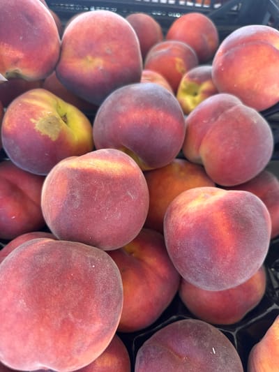 A close-up, overhead shot displays a large pile of ripe peaches. The peaches exhibit a gradient of colors, ranging from deep red and purple to soft yellow and orange. Some of the peaches have a fuzzy texture, while others appear smoother. They are packed tightly together, suggesting they are being sold at a market or grocery store. The background is out of focus, but it appears to be a black plastic container or crate. There are no people or identifiable landmarks present in the image. The lighting is bright, highlighting the vibrant colors of the fruit. The scene is devoid of any specific indicators of location within Santu Idu/San Vito, Italy, or any other city.