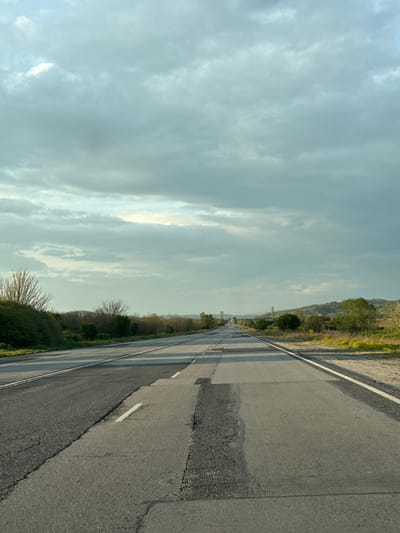 The image displays a long, straight asphalt road stretching into the distance under a cloudy sky, captured from a slightly elevated perspective.
**Subjects:** The primary subject is the two-lane road, which occupies the right half of the frame. It features a solid white line on its right edge and another set of lines (possibly double solid or solid and dashed) dividing the two directions of traffic further to the left. The road surface shows signs of wear, including patches, cracks, and variations in texture. Flanking the road on both sides is natural vegetation. To the immediate left of the road, there's a strip of green grass and bushes, leading up to distant hills or mountains covered in trees and light green foliage. On the right side, beyond the white line, there's a wider expanse of unkempt grass, bushes, and trees, some appearing deciduous and bare, others leafy. The left half of the image is dominated by the sky, filled with light grey and white clouds, with brighter areas indicating diffused sunlight.
**Activity or event taking place:** No specific activity or event is visible. The road is empty of vehicles or people, suggesting a tranquil and static landscape scene.
**Notable details:** The soft, diffused lighting and the presence of extensive clouds suggest the time of day is either early morning or late afternoon, under overcast or partly cloudy weather conditions. The setting is rural or semi-rural, characterized by the expansive natural landscape and the quiet road. The location context provided indicates this is a road in Boboshevo, Bulgaria. The scene evokes a sense of journey, quietness, and openness.
**Visible text:** There is no visible text within the image.
