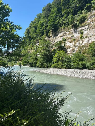 The image depicts a river flowing through a gorge with steep, rocky cliffs on one side and lush green trees on the other. The river has a light greenish-blue hue and is moderately fast-flowing, with visible ripples and small whitecaps. The riverbank immediately adjacent to the water is composed of smooth, light-colored pebbles.

Dense green foliage covers the lower slopes of the gorge and extends towards the top of the cliffs, interspersed with exposed rock faces that show strata. The sky above is a clear, vibrant blue, suggesting fair weather. Sunlight casts shadows, indicating it is likely daytime, possibly late morning or early afternoon. The overall scene conveys a sense of natural beauty and serenity.

There are no people or man-made objects visible in the image. The camera angle is from a slightly elevated position, looking down towards the river and across the gorge. The image is oriented vertically. No text is visible in the image.