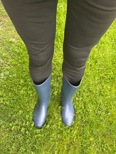 A high-angle, full-shot captures a pair of legs from the knee down, standing on a lush, green lawn. The subject is wearing dark, form-fitting pants and dark blue, knee-high rubber boots. The boots appear slightly damp, with a few water droplets visible on the surface. The lawn is densely covered in grass and small, clover-like plants, with some patches of darker soil visible at the edges of the frame. The scene suggests an outdoor setting, possibly a garden or park in Wilhelminaoord, Netherlands, given the presence of well-maintained green spaces typical of the region. No other individuals or objects are visible in the frame.
