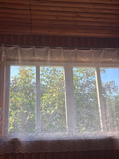 An interior shot captures a window with white lace curtains. The window is divided into four panes, revealing a view of green trees with red and dark berries against a bright blue sky. The surrounding interior features wooden walls and ceiling panels. The location is identified as a building in the city of Yurya, Russia. There are no people or visible actions depicted.