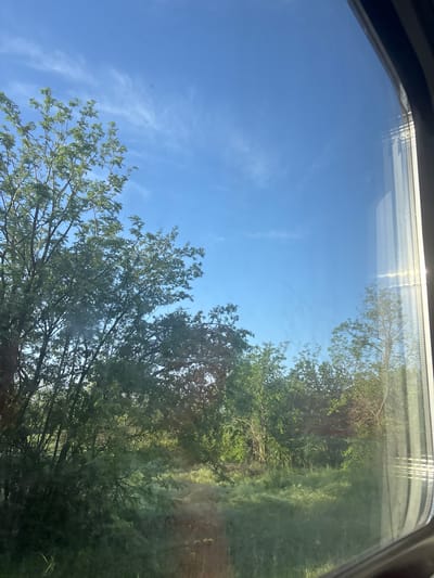 View from inside a building or vehicle window looking upward at a bright blue sky partially obscured by green trees. The location is Vetren, Bulgaria. A window frame is visible on the left and right edges of the image. A portion of the building's windowpane is visible at the top. Sunlight is visible reflecting off the windowpane.