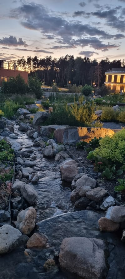 The image depicts a serene natural setting with man-made elements, likely in Shulgino, Russia. The scene features a water feature with smooth, grey stones and flowing water, suggesting a man-made stream or water garden. Surrounding the water are various rocks, some large and imposing, others smaller and rounded, interspersed with lush green vegetation and flowering plants.

In the background, a modern building with warm, yellow-lit windows can be seen amongst tall trees. The trees are dark and dense, creating a contrast with the illuminated building. The sky above is filled with dramatic clouds, painted in shades of grey, white, and hints of pink and orange, indicating either sunrise or sunset. The overall lighting suggests it is either dusk or dawn, with the sky displaying the soft, diffused light characteristic of these times.

The presence of artificial lighting in the garden, visible as small, yellow or white lights along pathways, further suggests this is an outdoor area designed for evening or early morning enjoyment. There are no people visible in the image, contributing to the tranquil and peaceful atmosphere. The composition, with the water flowing from right to left and the building in the background, creates a sense of depth and exploration. The natural elements of water, stone, and greenery are balanced by the architectural structure, hinting at a well-designed park or recreational area.