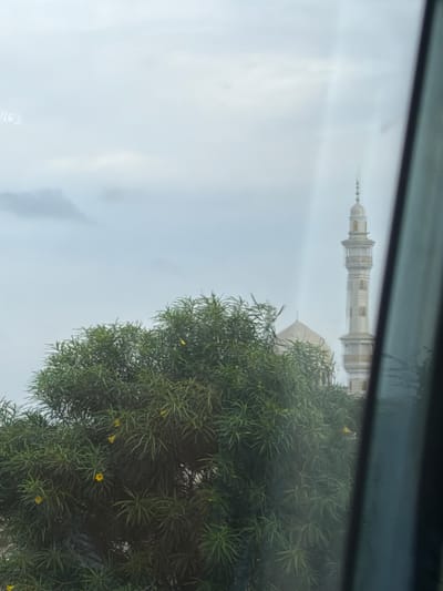 The image shows a minaret and a dome of a mosque visible through the foliage of a tree. The minaret is tall and slender with multiple tiers and a spire. The dome is rounded and light-colored. The tree has dense green leaves and a few small yellow flowers. The sky is overcast and appears hazy. The scene is viewed from a window, with a dark, vertical element on the right side of the frame suggesting the window frame or a reflection on the glass. The image appears to be taken from Balanagar, India, based on the provided context.