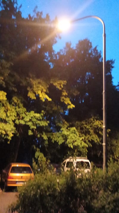 The image depicts a scene at dusk or night in Sokolov, Czechia, with a bright street light illuminating the foreground and casting rays. Trees with green and yellow foliage are prominent in the mid-ground, interspersed with dark shadows. Partially obscured by the trees is a white structure, possibly part of a traffic signal or a utility pole. In the lower right portion of the image, a bright orange vehicle, likely a bus or van, is visible. The sky is a deep blue, indicating the twilight hour. The overall atmosphere suggests an urban or suburban setting during a time of low light, possibly after sunset. No people are clearly visible. The image appears to be taken from a slightly elevated perspective.